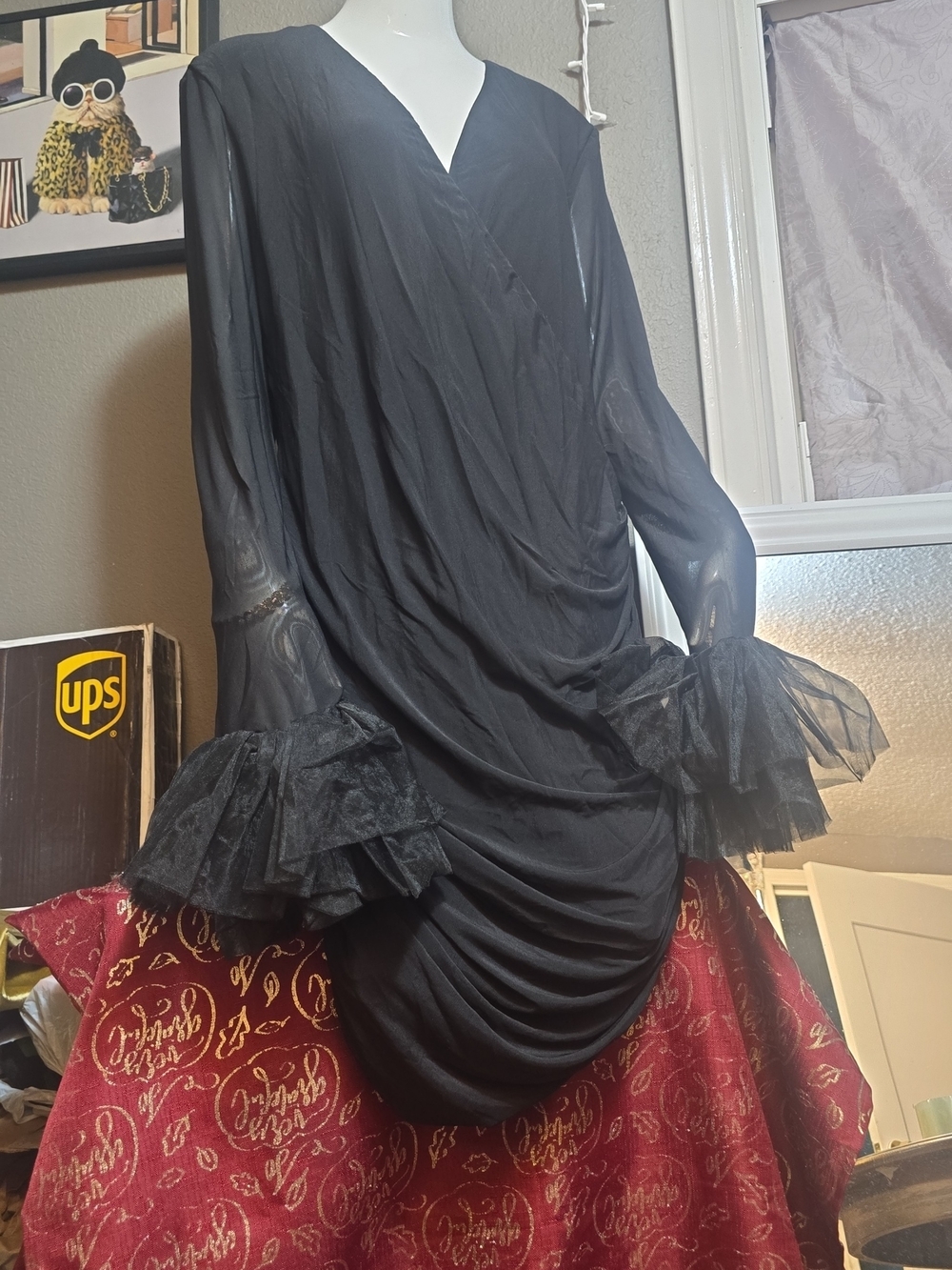 Black Ruffled Sleeve V-Neck Wrap Dress - Women Size 2XL